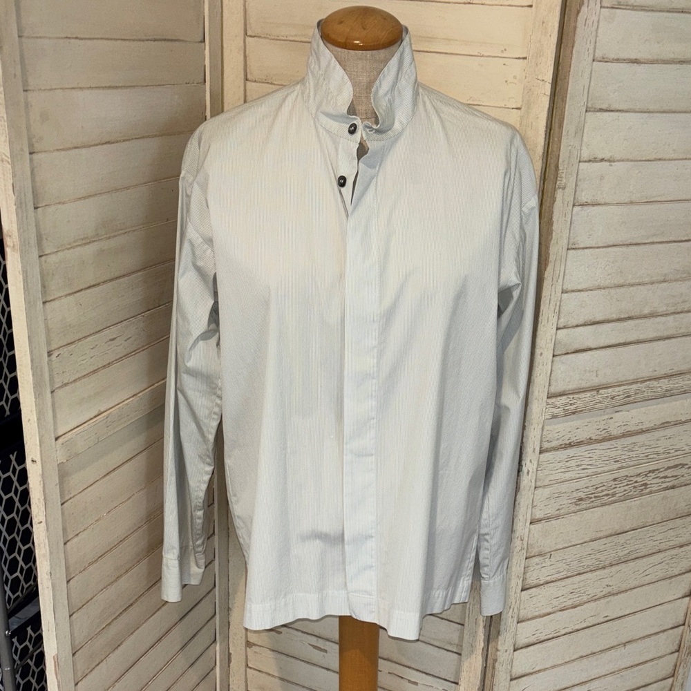 Eskandar faint blue /white stripe blouse size medium